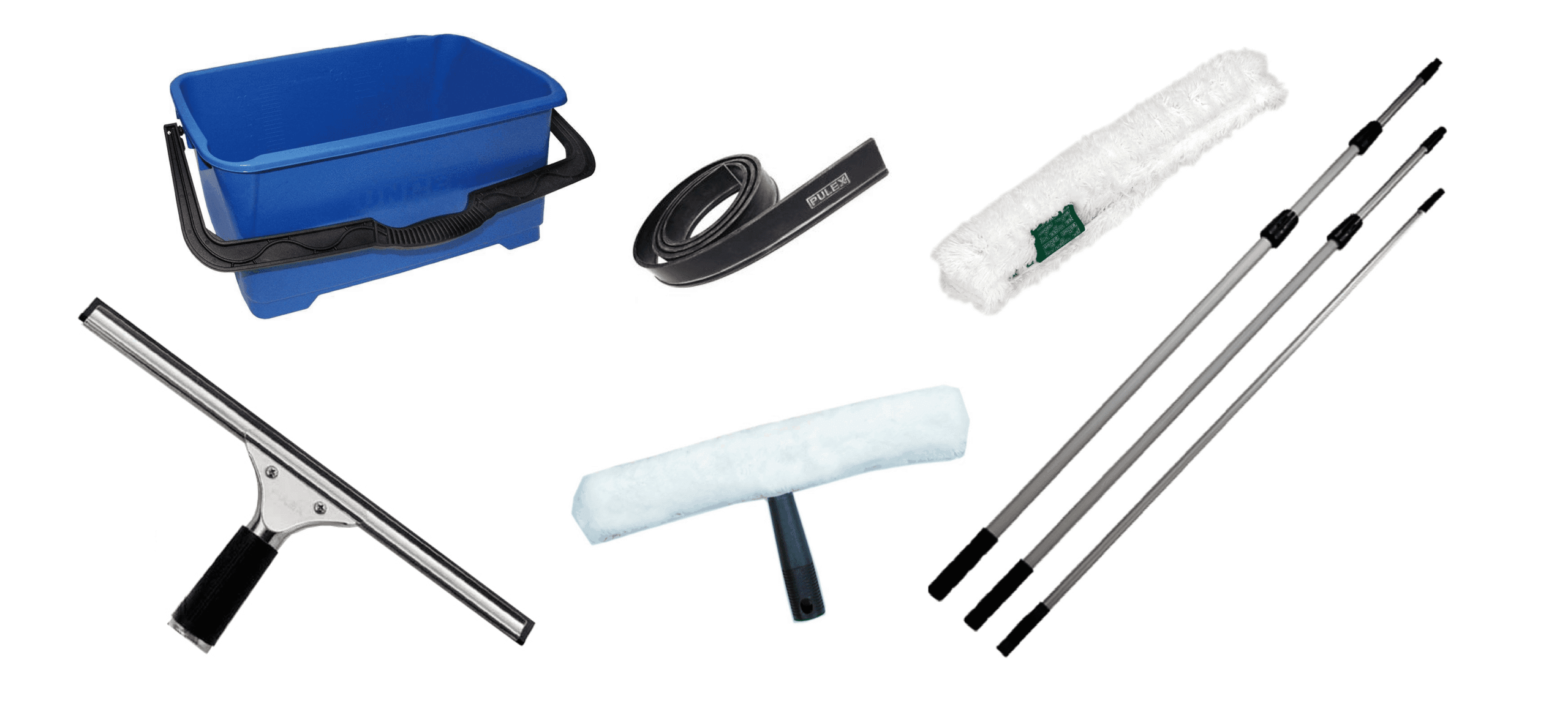 Window cleaning equipment: bucket, squeegee, washer sleeve, rubber blade and telescopic poles